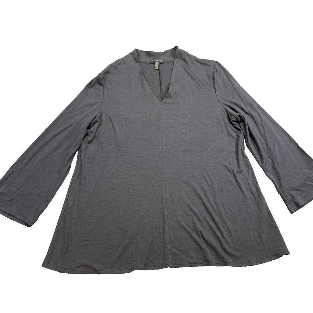 Eileen Fisher Shirt Womens XL Gray Tencel Lyocell Tunic V Neck Top Stretch USA